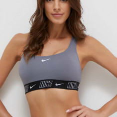 Nike sutien de baie Logo Tape culoarea gri, cupa usor rigidizata