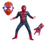 Set costum cu muschi Spiderman, manusa cu lansator si masca plastic LED, rosu, 3-5 ani, 100-110