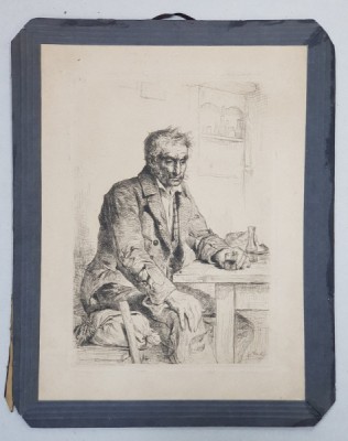 BARBAT LA MASA IN CARCIUMA , GRAVURA PE METAL de ALBERT ANKER , PICTOR SUEDEZ (1831 - 1910 ) , SFARSITUL SEC. XIX foto