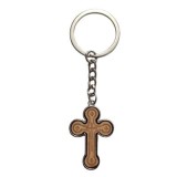 Breloc crestin bej-argintiu 9,3 cm, cruce 3,5 x 2,6 cm, grosime 4 mm, inel 3,4 cm, accesoriu religios pentru port chei barbati si femei sau marturii b