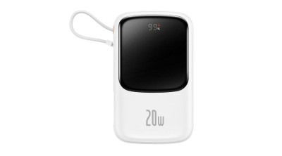 Baseus Qpow Digital Display Power Bank cu &amp;icirc;ncărcare rapidă 10000mAh 20W QC/PD/SCP/FCP cu cablu Lightning &amp;icirc;ncorporat alb foto