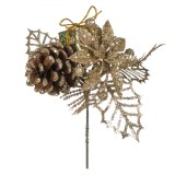 Ramura Decorativa Craciun, Flori Bej Sampanie, Conuri, Cadou, Glitter, 20 cm, Oem