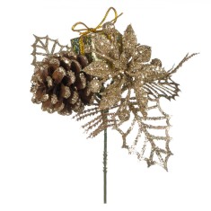 Ramura Decorativa Craciun, Flori Bej Sampanie, Conuri, Cadou, Glitter, 20 cm