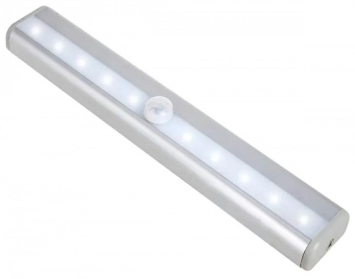 Lampa LED cu senzor miscare, 10 leduri, 80lm, 1W, 19 x 3 x 1,7cm, alb