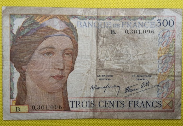 300 franci 1938 Franta, 300 francs 1938, Ceres, seria B.0,301,096 - rară &icirc;n orice stare