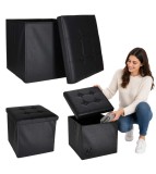 Taburet Pliabil Negru cu Spatiu de Depozitare 39L Piele Ecologica 38x38x36 cm