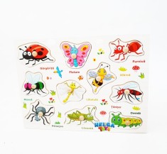 Puzzle din lemn cu incastru educativ, Insecte, denumire in romana, multicolor, 10 piese