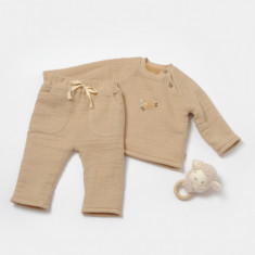 Set bluza dublata si pantaloni, Winter muselin, 100% bumbac - Apricot, BabyCosy (Marime: 12-18 Luni)