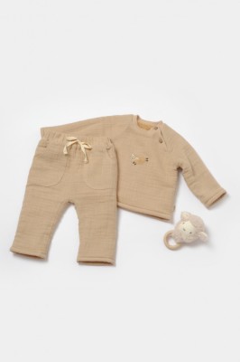 Set bluza dublata si pantaloni, Winter muselin, 100% bumbac - Apricot, BabyCosy (Marime: 18-24 Luni) foto