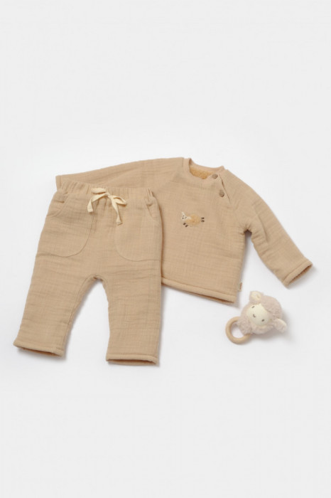 Set bluza dublata si pantaloni, Winter muselin, 100% bumbac - Apricot, BabyCosy (Marime: 18-24 Luni)