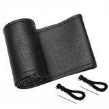 Husa volan auto piele naturala, cu snur, neagra, D 38 cm
