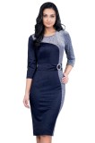 Cumpara ieftin Rochie Midi Bleumarin cu Centura, Maneci Trei Sferturi, Elegantă, Fabricată &icirc;n Rom&acirc;nia