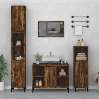 vidaXL Set mobilier de baie, 3 piese, stejar fumuriu, lemn prelucrat foto