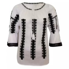 Ie Traditionala Alba cu Motiv Geometric Negru de Dama- IMS20