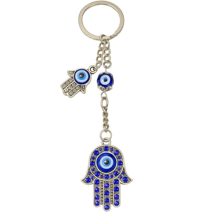 Amuleta Feng Shui tip breloc pentru protectie si noroc, model Mana lui Fatima si ochiul lui Horus, albastru