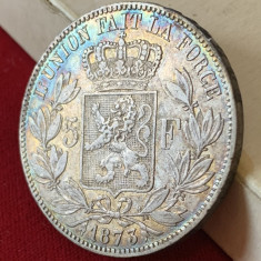 BELGIA 5 FRANCS 1873, LEOPOLD II, ARGINT 900 PATINA SI CULORI CURCUBEU LA LUMINA foto