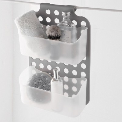 Raft Baie Plastic, 2 Nivele, Perete Duș, Gri/Transparent foto