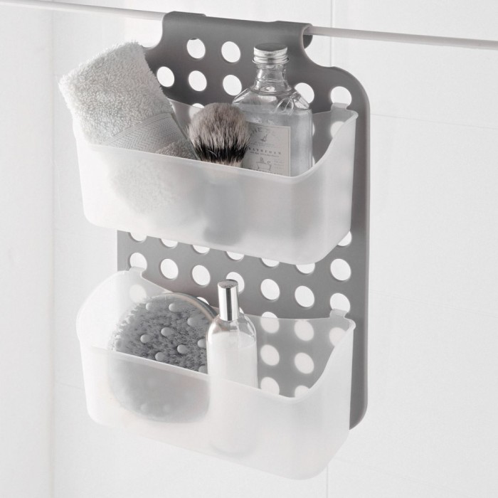 Raft Baie Plastic, 2 Nivele, Perete Duș, Gri/Transparent