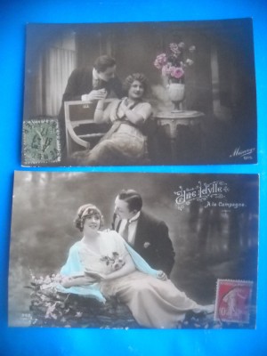 HOPCT 1619 CUPLU-ROMANTICA-FRANTA-TCV-LOT 2 CARTI POSTALE VECHI-CIRCULATE foto