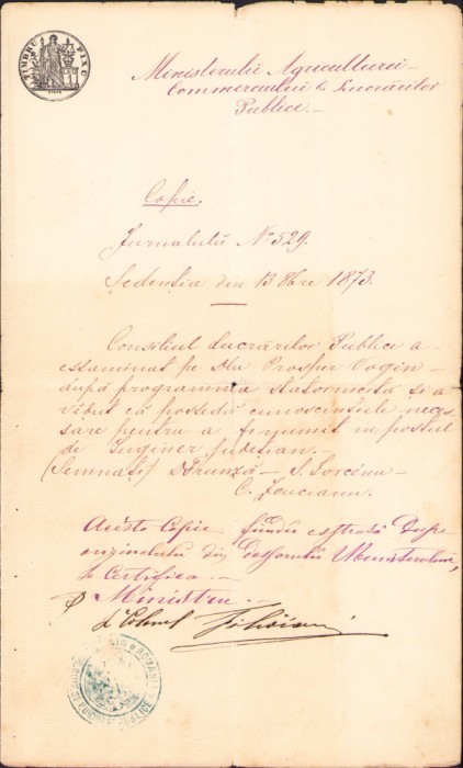HST A236 Copie legalizată de epocă 1873 numire inginer județean