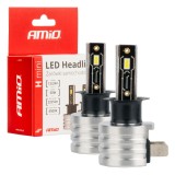 Becuri auto LED H3 AMiO seria H-mini 6500K CANBUS 50W 12/24V CSP 2225 lm pentru faruri proiectoare si cu reflector, lumina alba