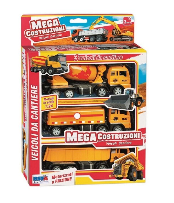 Set 3 camioane de constructie din jucarie, tematica santier, scara 1:24, corp metalic, sistem cu frictiune pentru roti, basculanta, cisterna si betoni