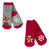 șosete Crăciun, Set 2 Bucăți, Gri și Roșu, Cu Ren și Gingerbread, Antiderapant, Unisex, Bebeluși, Oem