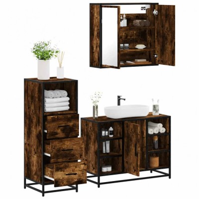 vidaXL Set mobilier de baie, 3 piese, stejar fumuriu, lemn prelucrat 3301032 foto