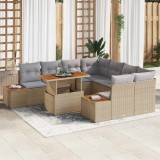 Set de dining pentru grădină cu 9 piese, perne incluse, bej, rattan sintetic, acacia