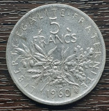 (A994) MONEDA DIN ARGINT FRANTA - 5 FRANCS 1960, SEMANATOAREA, 12 GRAME, AG 835, Europa