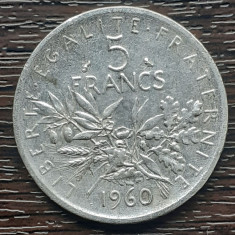 (A994) MONEDA DIN ARGINT FRANTA - 5 FRANCS 1960, SEMANATOAREA, 12 GRAME, AG 835