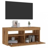 Dulap TV Gossi, Stejar Artizanal, LED RGB, 90x35x40 cm, Lemn Prelucrat, Comoda TV Living cu Spatiu Depozitare