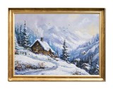 Cumpara ieftin Tablou peisaj de iarna pictat manual inramat, La cabana de la munte, 80x60cm ulei pe panza, Mircea Iordache
