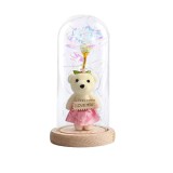 Cumpara ieftin Trandafir cu ursulet in cupola, cu iluminare LED, 21 x 9 cm, sticla, lemn, multicolor