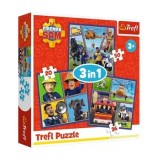 Cumpara ieftin Puzzle Trefl 3 in 1 Pompierul Sam - O zi din viata pompierilor, 106 piese