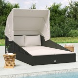 Șezlong vidaXL cu Acoperiș Pliabil, Poliratan Negru, 200x114x128 cm, Perna inclusă - Relaxare Gradina/Piscina