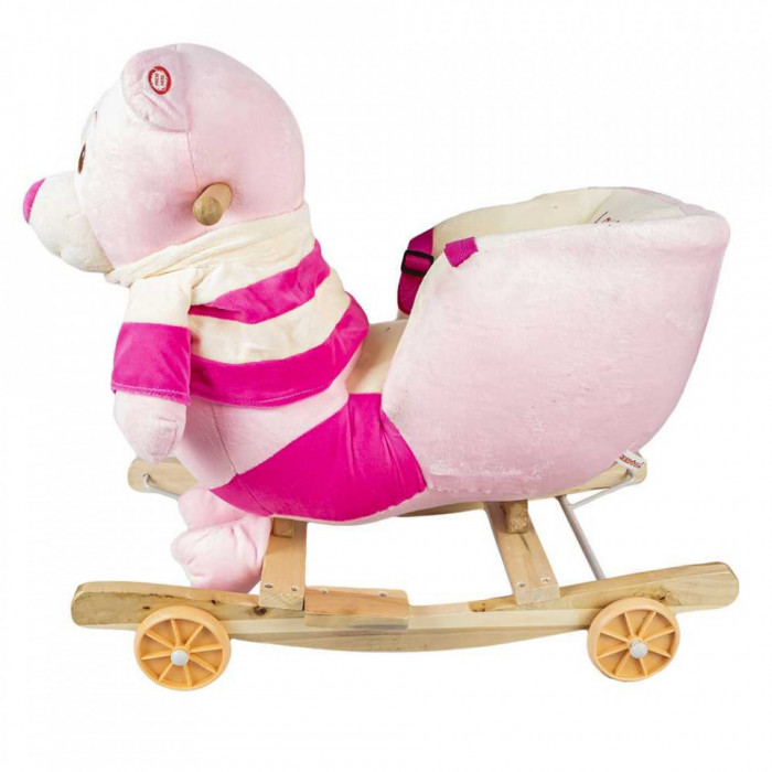 Balansoar pentru bebeluși, Ursuleț, lemn + plus, cu rotile, roz, 55 cm, 3-5 ani, 1-3 ani, Fete