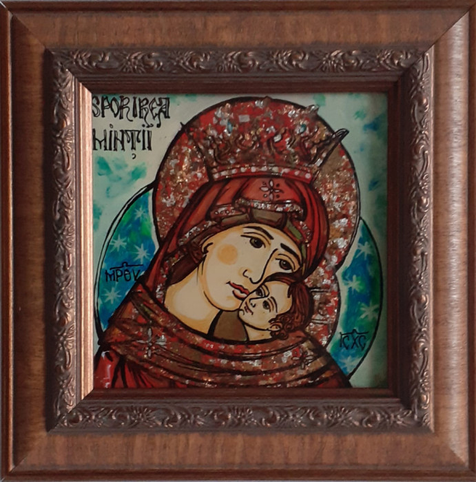 Tablou decorativ Maica Domnului cu Pruncul, pictat pe sticla in culori acrilice