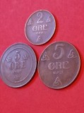 Lot 3 monede: 5 ore 1902 Suedia + (2 + 5 ore 1922) Norvegia,stari EF/EF+ [poze]. Discount de 10 % pentru comenzi cumulate de minimum 130 de lei., Europa