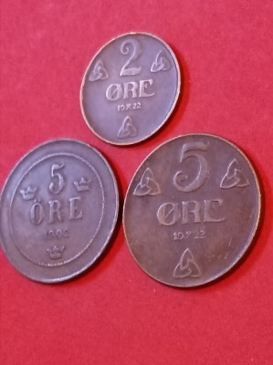 Lot 3 monede: 5 ore 1902 Suedia + (2 + 5 ore 1922) Norvegia,stari EF/EF+ [poze]. Discount de 10 % pentru comenzi cumulate de minimum 130 de lei. foto