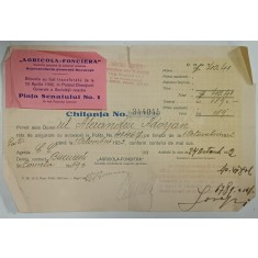 CHITANTA EMISA DE SOCIETATEA DE ASIGURARI GENERALE &#039; AGRICOLA - FONCIERA &#039; , 1933