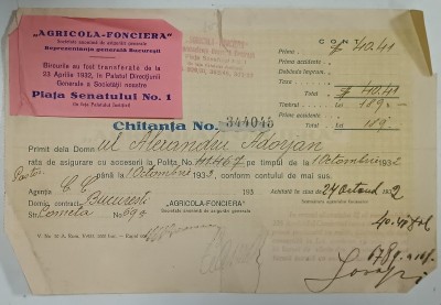 CHITANTA EMISA DE SOCIETATEA DE ASIGURARI GENERALE &amp;#039; AGRICOLA - FONCIERA &amp;#039; , 1933 foto