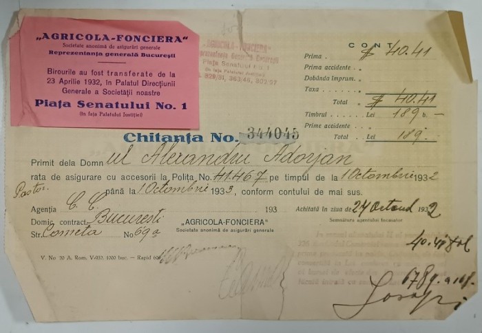 CHITANTA EMISA DE SOCIETATEA DE ASIGURARI GENERALE ' AGRICOLA - FONCIERA ' , 1933
