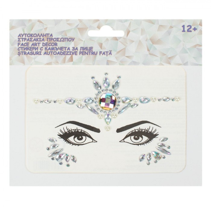 Autocolant Față, Strass, Cristale și Perle Albe, Multicolor, Set 1 Bucată