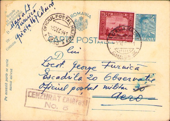 HST Carte poștală timbru Sucevița 3+0.5 lei Bucovina ștampilă OPM 30 1941
