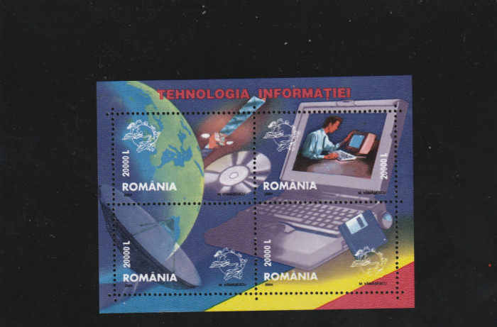 Romania 2004-Tehnoligia informatiei,bloc 4 valori,dantelate,MNH,