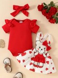 Set body rosu si sarafan cu ursulet si inimioare (Marime Disponibila: 12-18, Superbaby