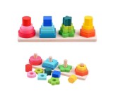 Joc educativ din lemn de sortare, potrivire si stivuire forme geometrice, 4 coloane, 16 forme geometrice, 3 ani