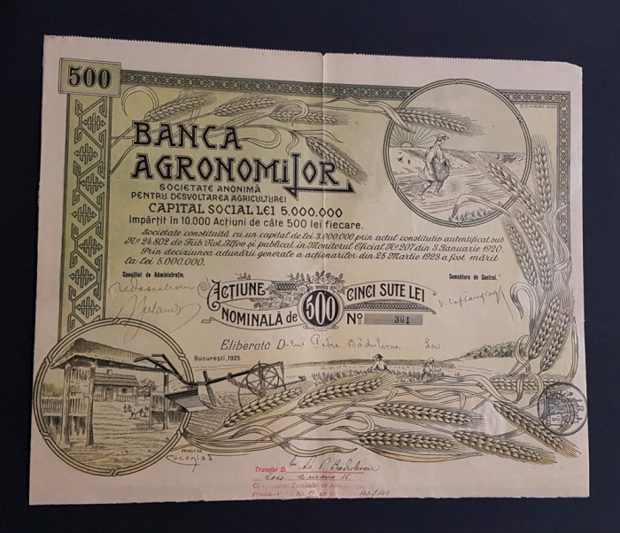 Actiune rara 1925 banca agronomilor , titlu , actiuni