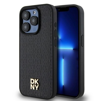 Husa MagSafe pentru Apple iPhone 15 Pro, DKNY, Monogram Pattern Metal Logo, Neagra foto